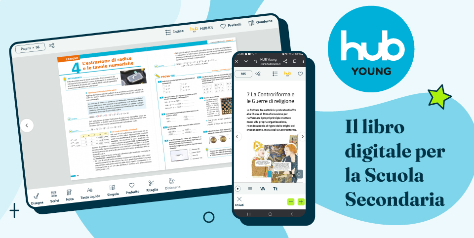 Schermate di HUB Young e testo: Il libro digitale per la Scuola Secondaria